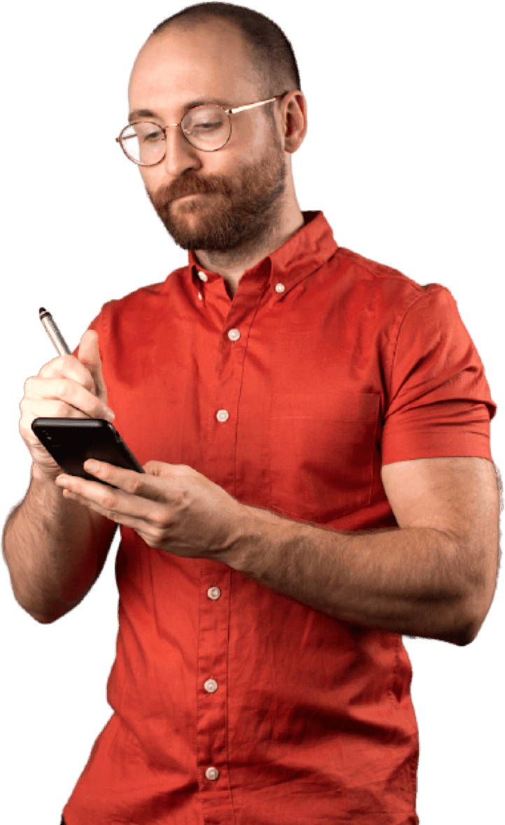 Image of CEO writing with pen on his mobile